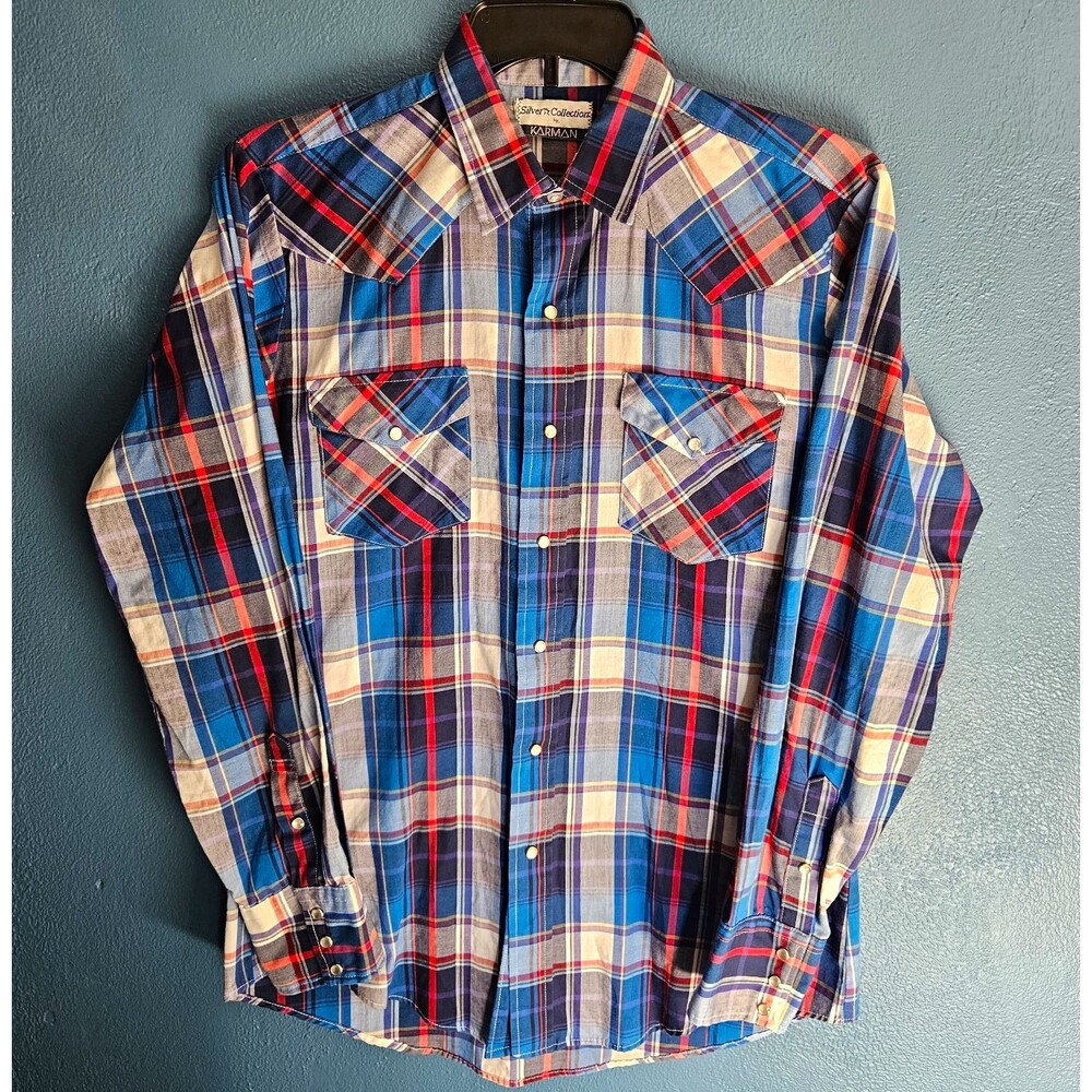 Vintage 70s Karman Silver Collection Western Shirt Mens L Pearl Snap Made in USA